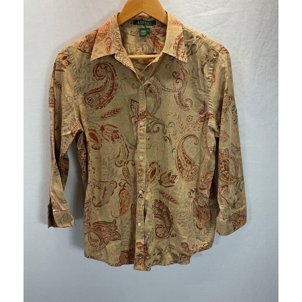 Vtg Ralph Lauren Brown Paisley Safari Shirt Top Blouse Size L Western‎ Casual